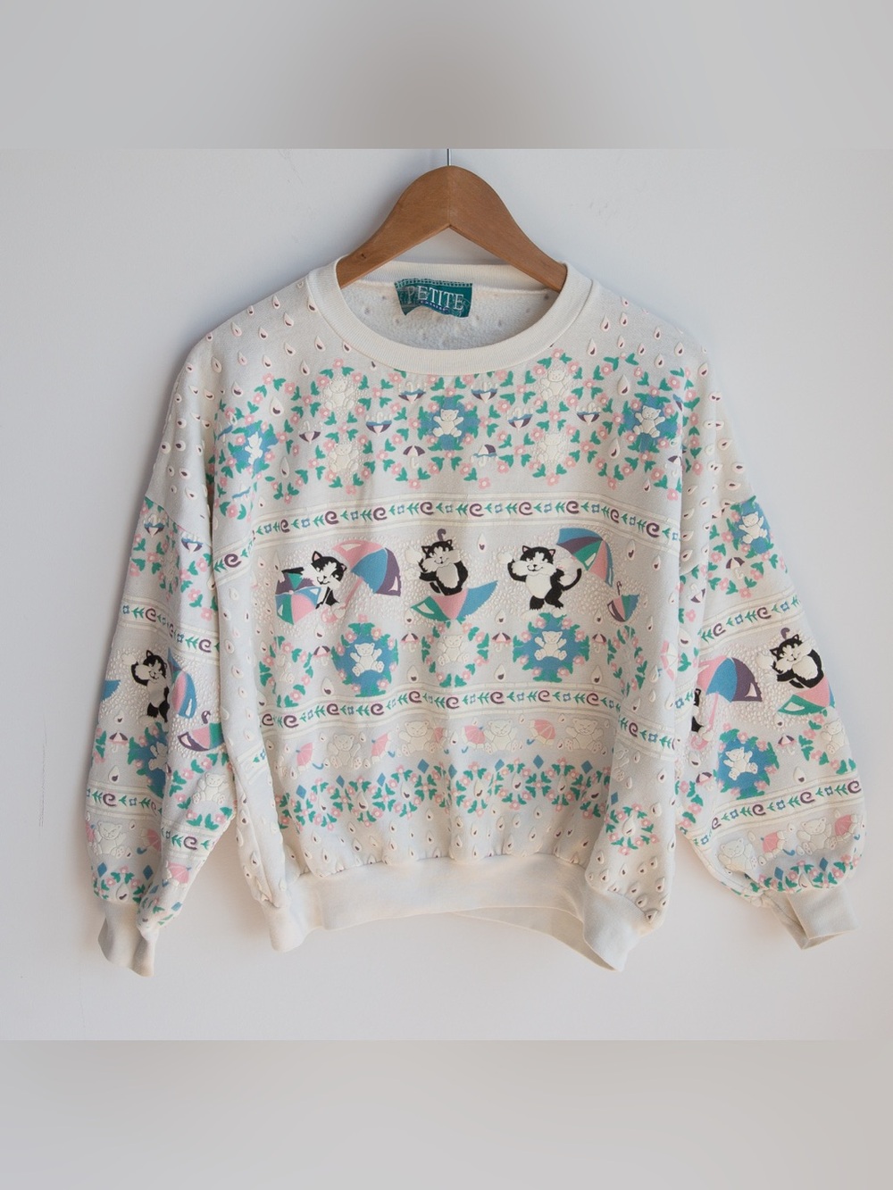 Vintage Petite Express Puff Print Cat Bear Rainy Day Sweatshirt